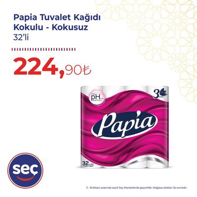 Süpermarketler fırsatları, Konya | Papia Tuvalet Kagidi Kokulu - Kokusuz de Seç Market | 14.04.2024 - 28.04.2024