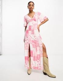 içinde 52,99 TL fiyatına Miss Selfridge angel sleeve button through maxi dress in pink patchwork print fırsatı