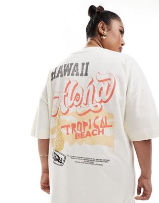  içinde 26 TL fiyatına ASOS DESIGN Curve oversized mini t-shirt dress in aloha print in cream fırsatı